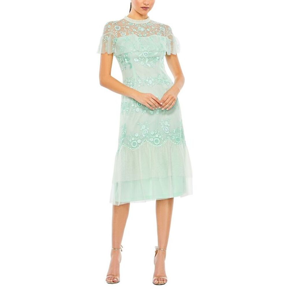 Mac Duggal Womens Embroidered Ruffled Cap Sleeve Midi Dress